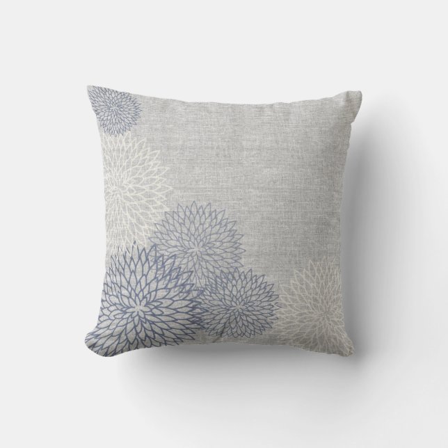 Blue and Grey Linen Floral Decorator Accent Pillow (Front)