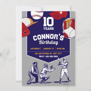 Blue and Grey llustrated baseball birthday party  Invitation