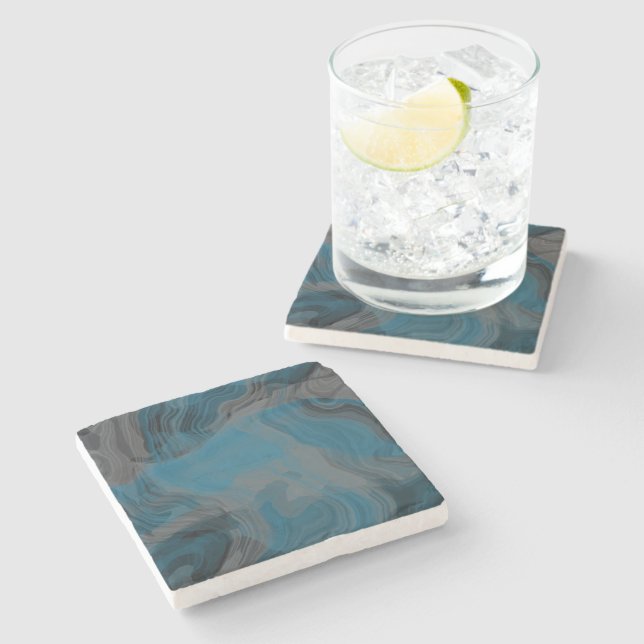 Blue and Grey Marble Abstract Stone Coaster (Side)