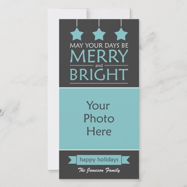 Blue and Grey Merry and Bright Stars Photo Holiday Card (Front)