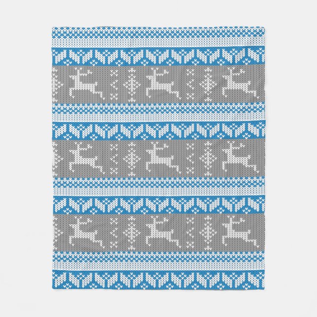 Blue and Grey Norwegian Alpine Christmas Deer Fleece Blanket (Front)