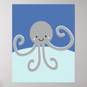 Blue and Grey Ocean Life Octopus Nursery Print