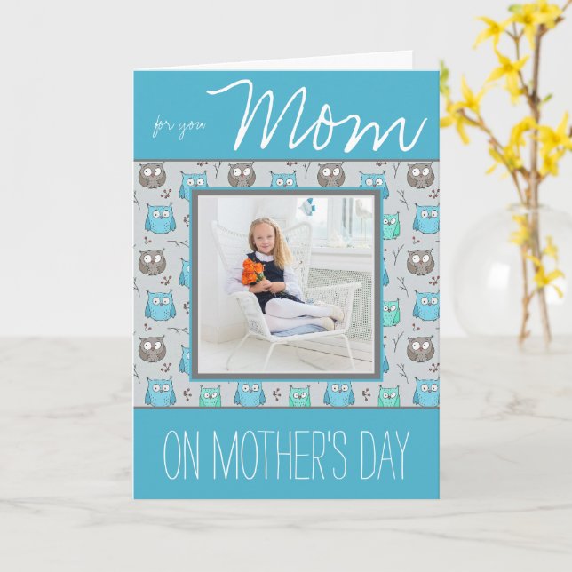 Blue and Grey Owls with Photo Mother's Day Card (Yellow Flower)