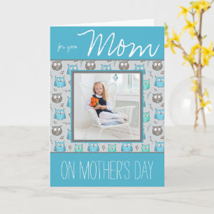 Blue and Grey Owls with Photo Mother's Day Card