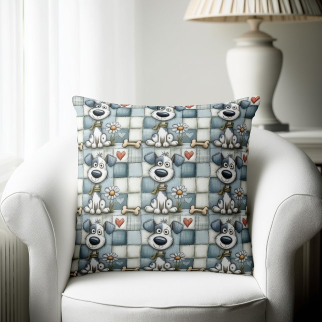 Blue and Grey Patchwork Dog Pattern Cushion (Creator Uploaded)