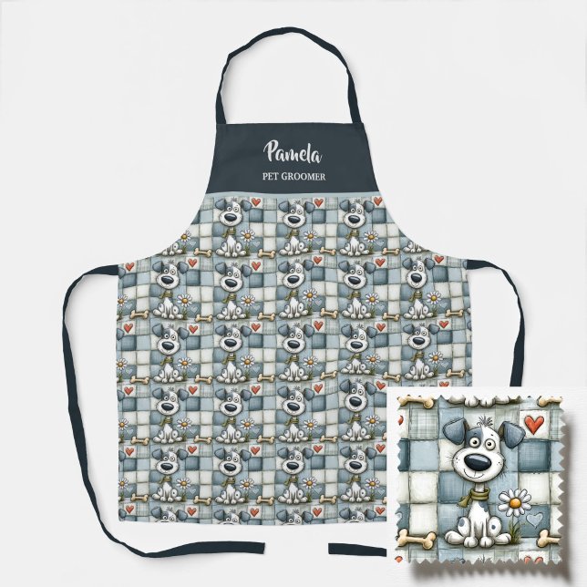 Blue and Grey Patchwork Dog Pattern Pet Groomer Apron (Creator Uploaded)