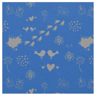 blue and grey pattern of birds, dots, footsteps, f fabric