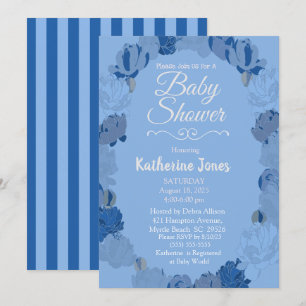 Blue and Grey Peonies Wreath Baby Shower Invitation