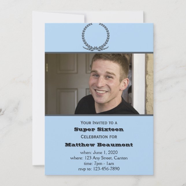 Blue and Grey Photo Birthday Party Invitation (Front)