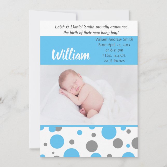 Blue and Grey Polka Dots | Baby Boy Photo Birth Announcement (Front)