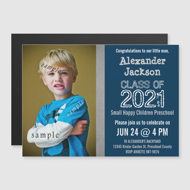 Blue and Grey Preschool or Kindergarten graduation Magnetic Invitation (Front/Back)