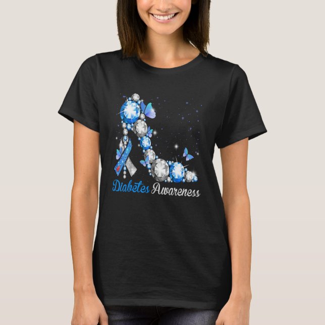 Blue And Grey Ribbon High Heel Diabetes Awareness T-Shirt (Front)
