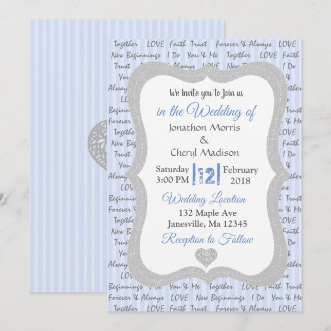 Blue and Grey Romantic Text Wedding Invitation (Front/Back)