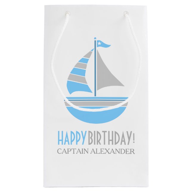 Blue and Grey Sailboat Nautical Birthday Small Gift Bag (Back)