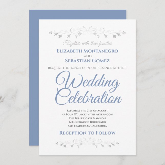Blue and Grey Simple Elegant Wedding Invitation (Front/Back)