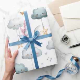 Blue and Grey Smiling Clouds Gold Stars Wrapping Paper