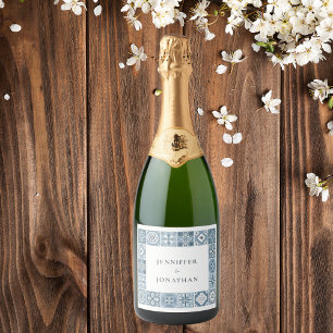 Blue and grey Spanish tiles invitation Sparkling Wine Label