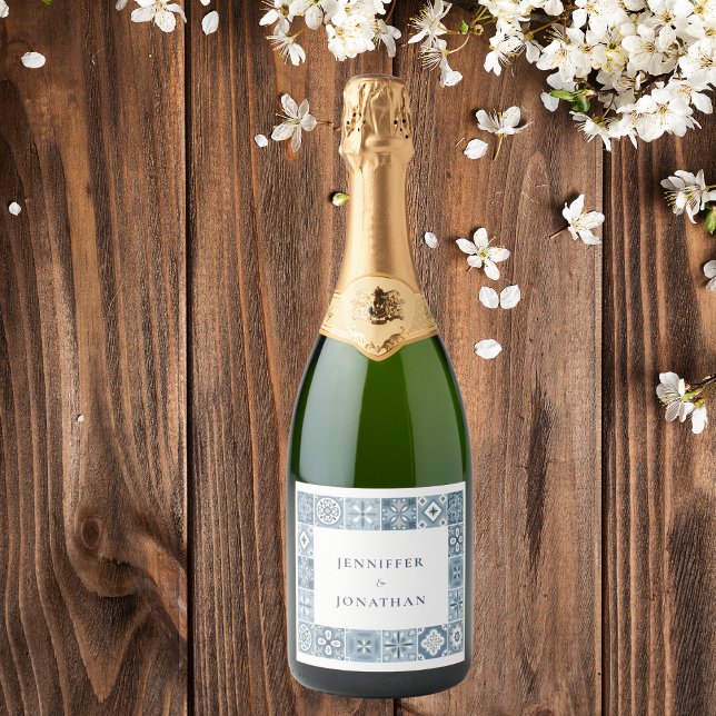 Blue and grey Spanish tiles invitation Sparkling Wine Label (Creator Uploaded)