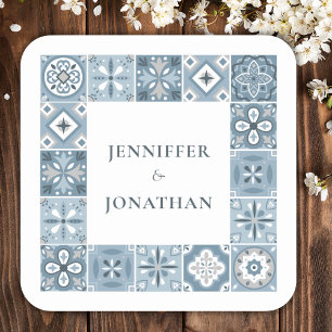 Blue and grey Spanish tiles invitation Square Sticker