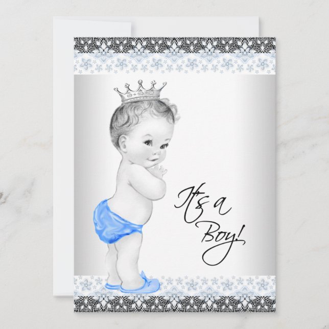 Blue and Grey Vintage Baby Boy Shower Invitation (Front)