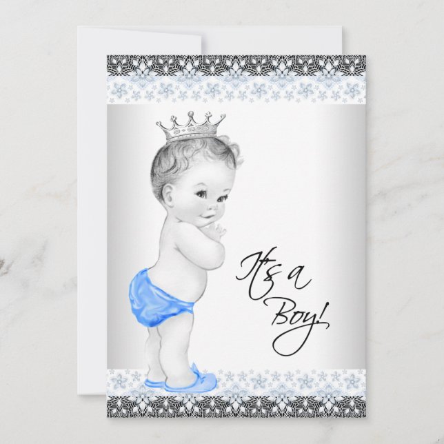 Blue and Grey Vintage Baby Boy Shower Invitation (Front)