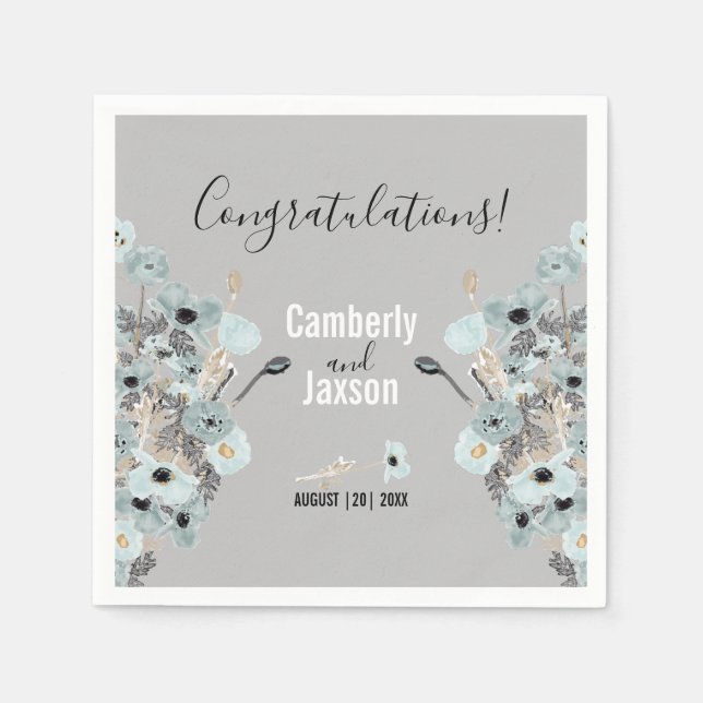 Blue And Grey Watercolor Floral Poppies Wedding Napkin (Front)