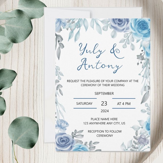 Blue and grey watercolor modern wedding  invitation (Tarjeta floral tonos azul y gris acuarela)