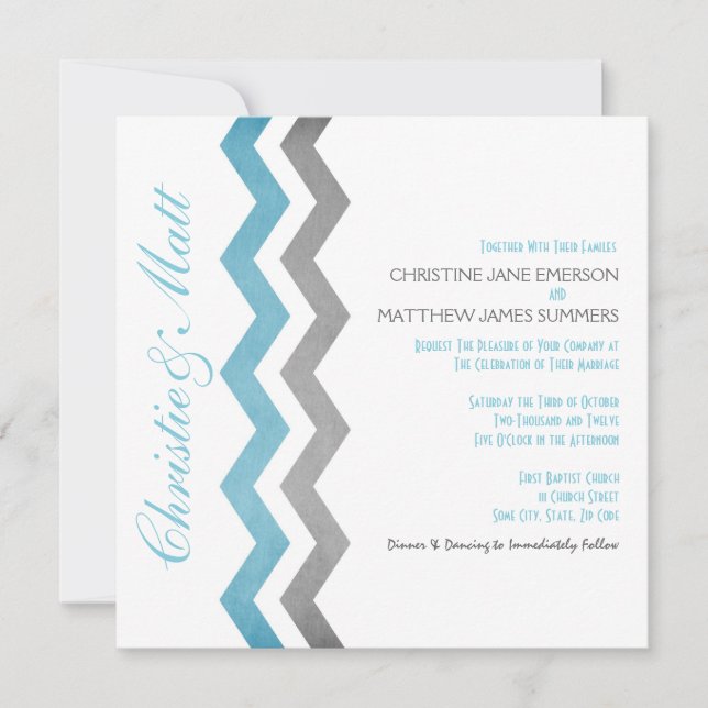 Blue and Grey Zig Zag Wedding Invitations (Front)