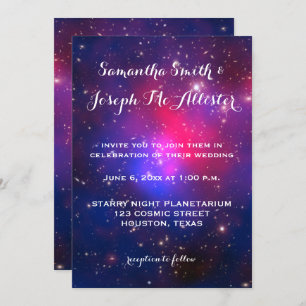 Blue and Hot Pink Galaxy Cluster Cosmic Wedding Invitation