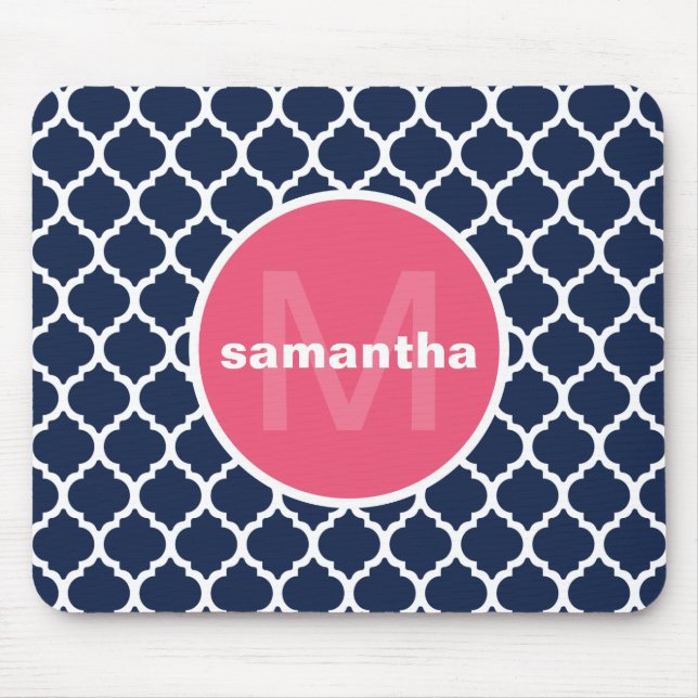 Blue and Hot Pink Quatrefoil Monogram Mouse Mat (Front)