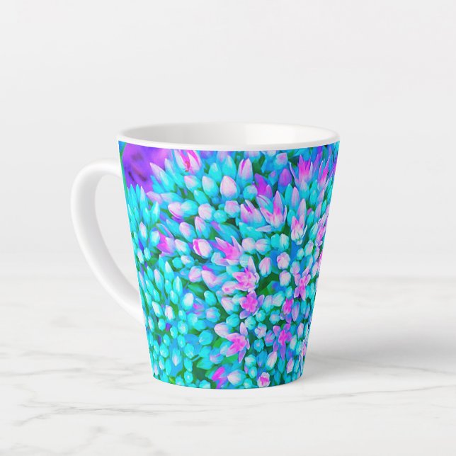 Blue and Hot Pink Succulent Sedum Flowers Detail Latte Mug (Left Angle)