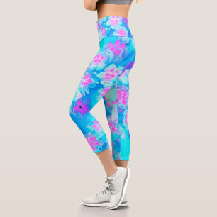 Blue and Hot Pink Succulent Underwater Sedum Capri Leggings