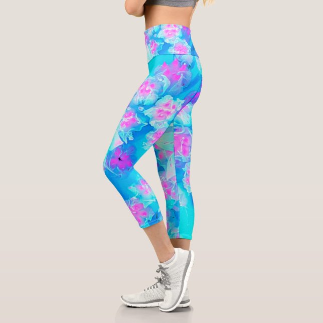 Blue and Hot Pink Succulent Underwater Sedum Capri Leggings (Left)