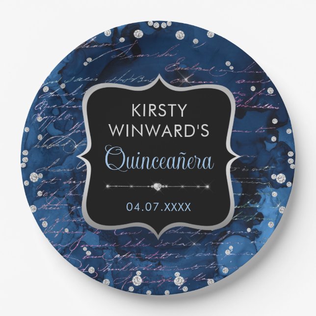 Blue and Iridescent Glitter Letters Quinceanera Paper Plate (Front)