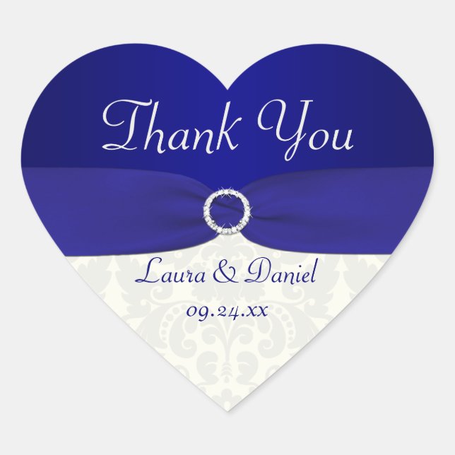 Blue and Ivory Damask Heart Shaped Wedding Sticker (Front)