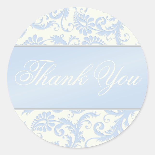 Blue and Ivory Damask Thank You Sticker (Front)