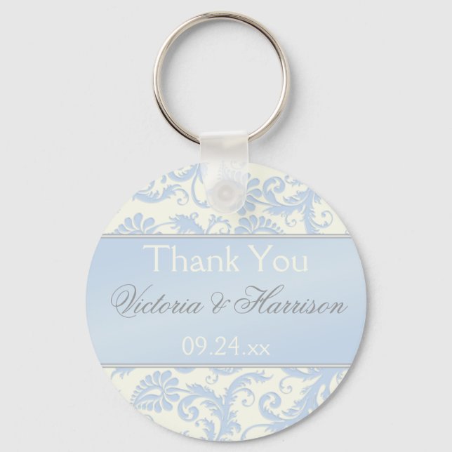 Blue and Ivory Damask Wedding Favour Key Chain (Front)