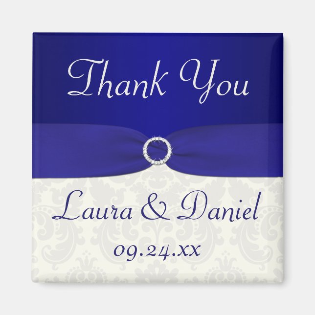 Blue and Ivory Damask Wedding Favour Magnet (Front)