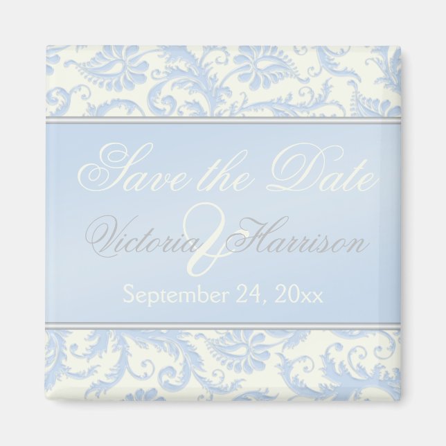 Blue and Ivory Damask Wedding Favour Magnet (Front)