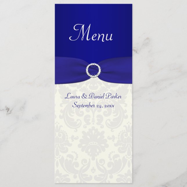 Blue and Ivory Damask Wedding Menu Card (Front)