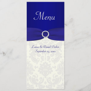 Blue and Ivory Damask Wedding Menu Card