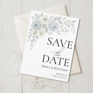 Blue and Ivory Floral Save The Date Announcement Postcard