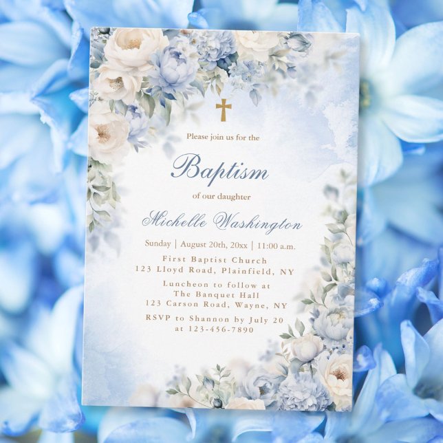Blue and Ivory Flower Baptism Invitation (Creator Uploaded)