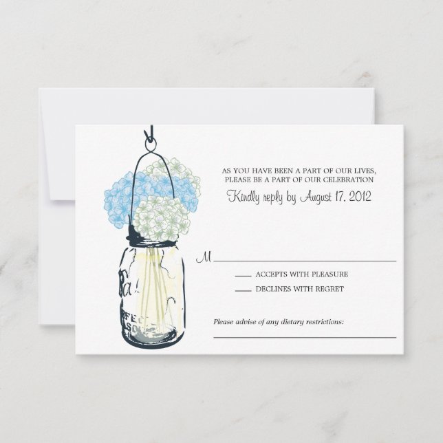 Blue and Ivory Hydrangea & Mason Jar Wedding RSVP Card (Front)