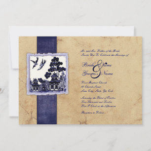 Blue and Ivory Love Birds Vintage Wedding Invitation