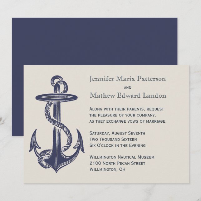 Blue and Ivory Nautical Themed Wedding Invitation (Front/Back)