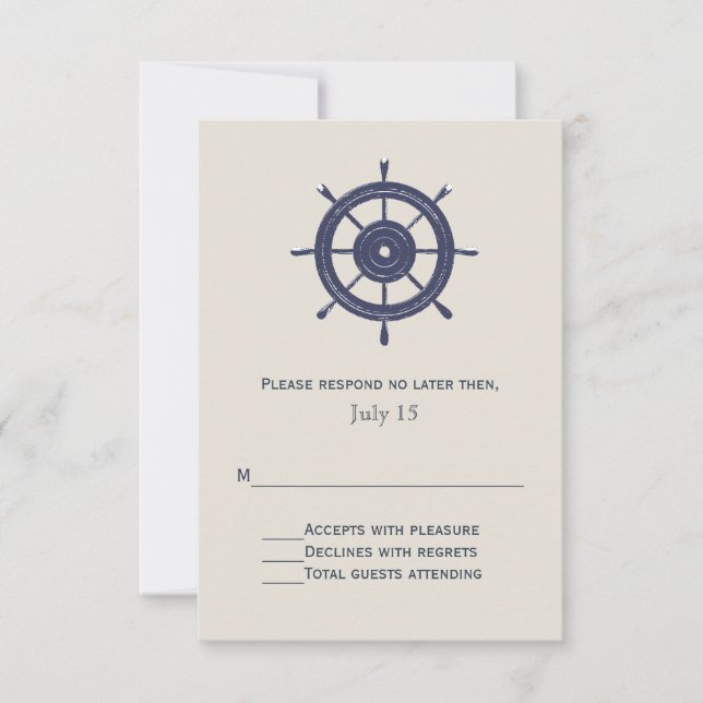 Blue and Ivory Nautical Themed Wedding RSVP Card (Front)