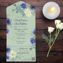 Blue and Ivory Roses on Sage Green with QR Code 