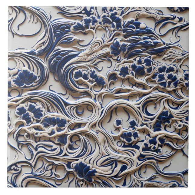 Blue and Ivory Sculptural Floral Scroll Tile (The complete printed tile design. Tiles sold individually.)