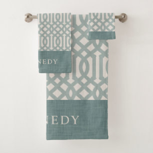 Blue and Ivory Trellis Monogram   Farmhouse Bath Towel Set